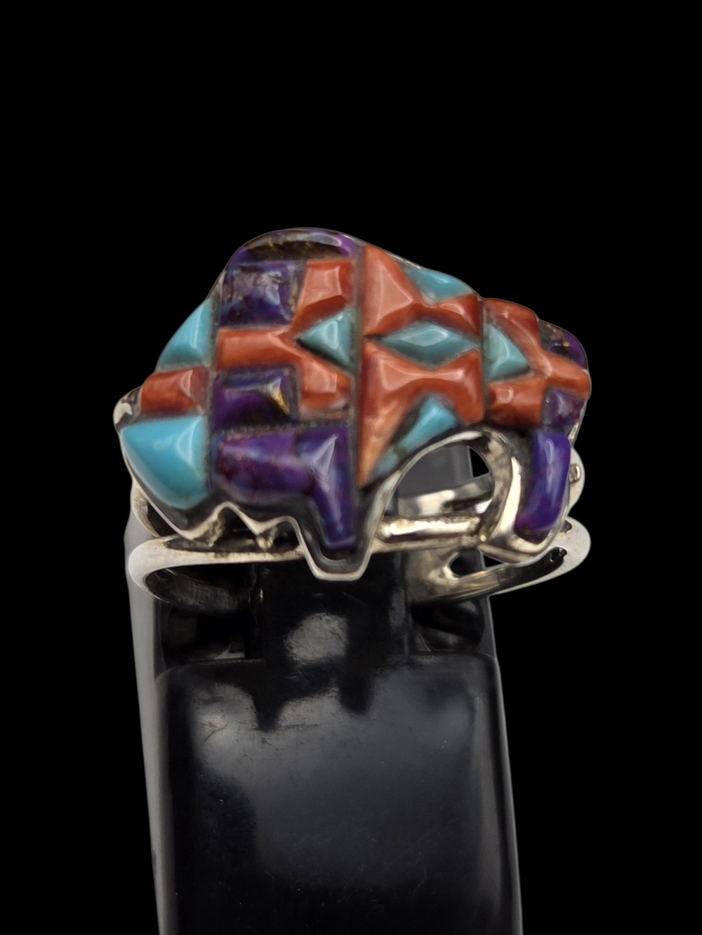 Multicolor Inlay Buffalo Sterling Ring - Turquoise, Spiny Oyster 6